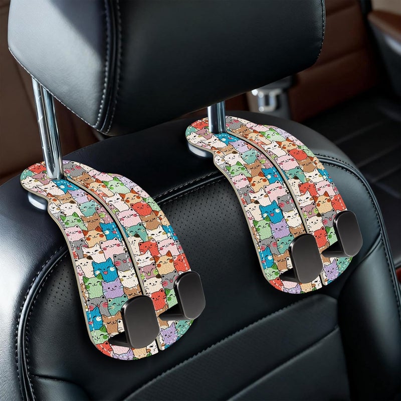 Blusabaca 2PCS Car Seat Back Storage Headrest Hooks, Cute Cats Purse Holder Bags Hanger, PU Leather Double Metal Hook for Backseat Organizer, Women Car Accessories Organization - Image 1